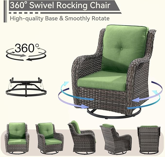 5 Piece Outdoor Patio Furniture Set Wicker Conversation Set Swivel Rocking Chairs with Side Table and Ottomans for Backyard, Porch, Deck, Green