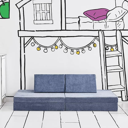 Yourigami Kids and Toddler Play Couch, Convertible Folding Sofa, Durable Foam Modular Design, Blue Lagoon
