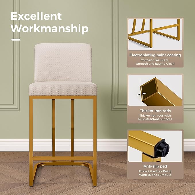 MAISON ARTS Off White & Gold Counter Height Bar Stools with Back Set of 4 for Kitchen Counter 24 Inch Modern Upholstered Faux Leather Barstools Farmhouse Bar Chairs Luxury Island Stools Support 330LBS