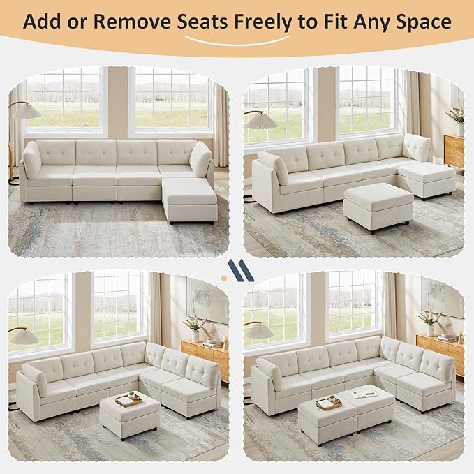 VANOMi 4 Seat Modular Sectional Sofa with Ottoman, 118" Cloud Sofas & Couches, Cozy Chenille Sectional Couches for Living Room, Apartment, Office, Beige, L Shaped