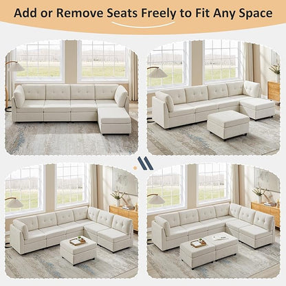 VANOMi 6 Seat Modular Sectional Sofa with 2 Ottomans, 118" Convertible Modular Cloud Sofa Bed, Comfy Chenille Sofas & Couches for Living Room, Apartment, Office, Beige, Large Sofa Bed