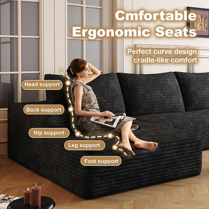 136" Sectional Couches for Living Room Modern Modular Sofa with L-Shape Couchs Upholstered Boneless Couch Deep Seat Sectional Couch with Chaise (Black, Left Facing Chaise+3Seaters+Ottoman)