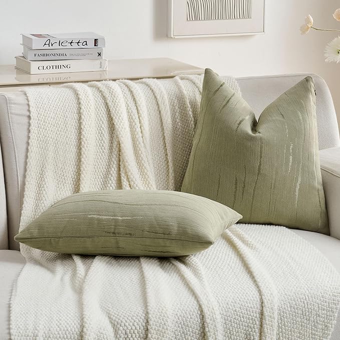 FUTEI Olive Green Chenille Decorative Throw Pillow Covers 16x16 Inch Set of 2,Soft Embossed Striped Textured Cushion Case,Modern Home Decor for Couch Bed Living Room