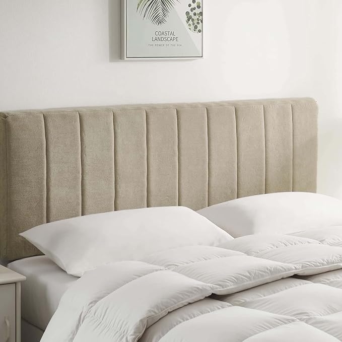 Hearth & Harbor Upholstered Queen Headboard - Easy Assemble Channel Stitched Headboard Queen Size - Wall Mounted Headboards with 3D Soundproof Wall Panels Peel & Stick Floating Headboards, Linen