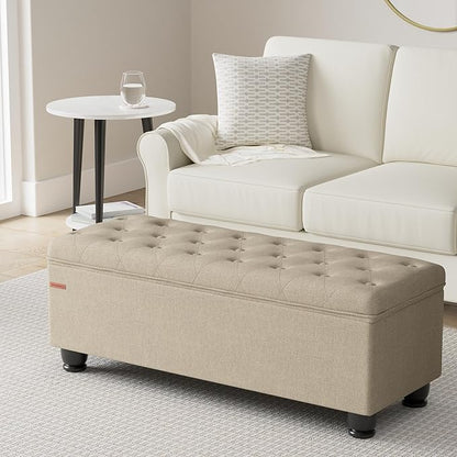 SONGMICS Storage Ottoman, Storage Bench, Tufted Entryway Bedroom Bench, 17.7 x 46.5 x 17.7 Inches, Hinges Easy Lid Operation, Wooden Legs, Linen-Look Cover, Loads 330 lb, Camel Brown ULOM070K01