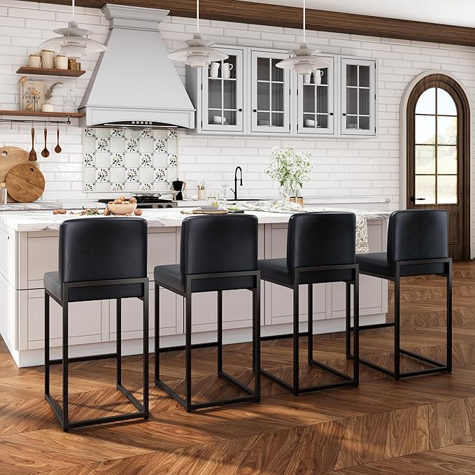 ALPHA HOME 24 Inch Bar Stools, Kitchen Counter Stools with Backs, PU Leather Barstools, Kitchen Stools with Back&Upholstered Footrest, Sturdy Chromed Metal Steel Frame, Midnight Blue