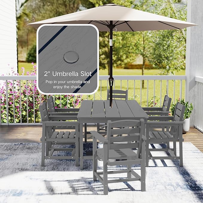 7 Piece Patio Dining Set with 11ft Patio Umbrella (Royal Blue), 7 Gray Outdoor HDPE Dining Set with 6 Chairs + 1 Large Table, for Market, Pool, Garden, Backyard, Deck