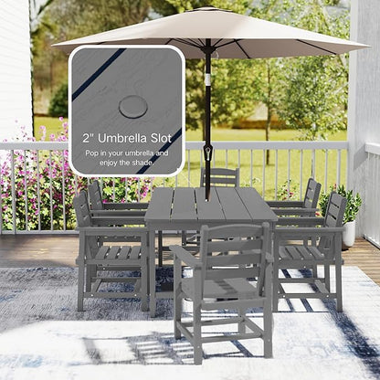 7 Piece Patio Dining Set with 11ft Patio Umbrella (Rose Pink), 7 Gray Outdoor HDPE Dining Set with 6 Chairs + 1 Large Table, for Market, Pool, Garden, Backyard, Deck