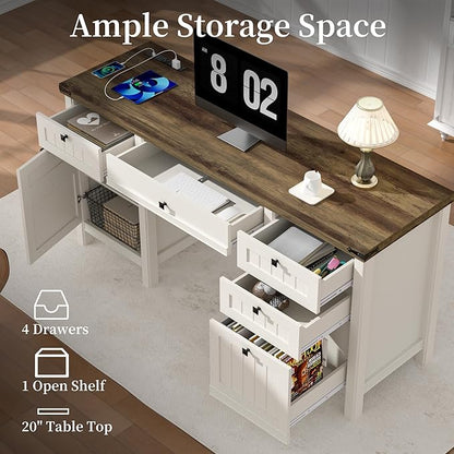 Executive Desk, Modern Farmhouse Computer Desk with Drawers & Cabinet, Home Office Desk for Work Study Writing Workspace (White, 62")