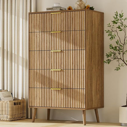 LYNSOM Fluted Dresser and Nightstand Sets 3 Piece, 5-Drawers Dresser and 1-Drawer Nightstands Set of 2, Wood Bedroom Furniture Set for Home, Bedroom, Hallway, Natural Oak