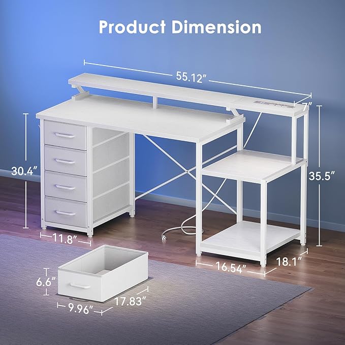 ODK 55 Inch Gaming Computer Desk with Power Outlets and 4 Drawers, Large Home Office Desk with Monitor Stand, Printer Shelf and Storage Shelves for Gaming or Bedroom Setup, White