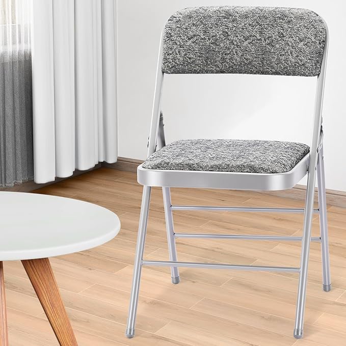 cyclone sound 4 Pack Folding Chairs with Fabric Padded Cushion and Back, Commercial Grade Metal Chairs with Fabric Cushion for Home and Office, for Indoor and Outdoor Events (4, Gray-Fabric)