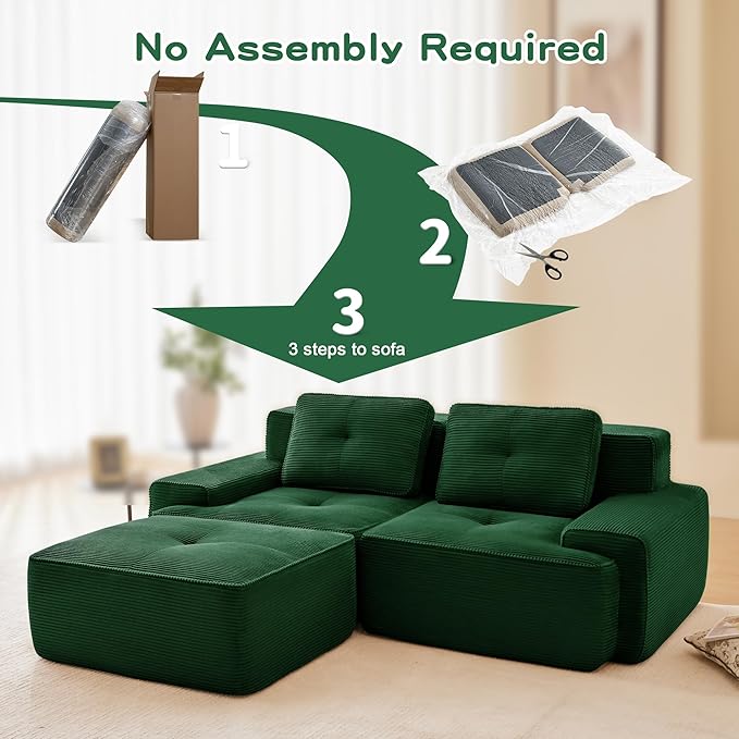 80.3” Green Boneless Couches for Living Room, Modular Sectional Sofa with L-Shape Chaise, 2 Seater Comfy Upholstered Loveseat Deep Seat Corduroy Fabric Cloud Couch No Assembly, Anti-Slip Design