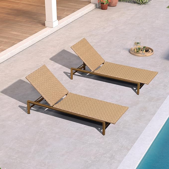 PURPLE LEAF Patio Oversized Chaise Lounge Rattan Chair Set of 2 Outdoor Pool Adjustable Recliner Wicker Chairs for Outside Woven Furniture Tanning Poolside Lounger Sand Brown