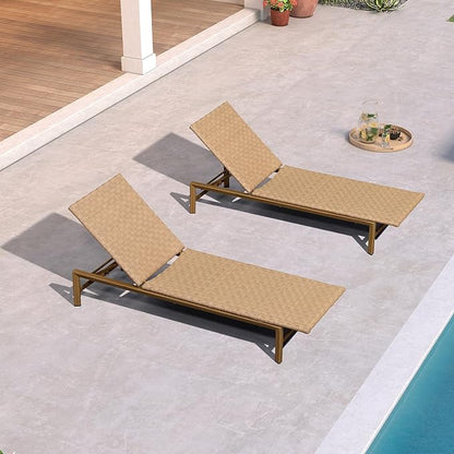 PURPLE LEAF Patio Oversized Chaise Lounge Rattan Chair Set of 2 Outdoor Pool Adjustable Recliner Wicker Chairs for Outside Woven Furniture Tanning Poolside Lounger Sand Brown
