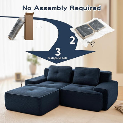 80.3” Blue Boneless Couches for Living Room, Modular Sectional Sofa with L-Shape Chaise, 2 Seater Comfy Upholstered Loveseat Deep Seat Corduroy Fabric Cloud Couch No Assembly, Anti-Slip Design