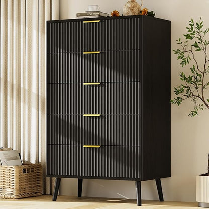 LYNSOM Fluted Dresser and Nightstand Sets 2 Piece, 2-Drawer Nightstands and 5-Drawers Dresser, Wood Bedroom Furniture Set for Home, Bedroom, Hallway, Black