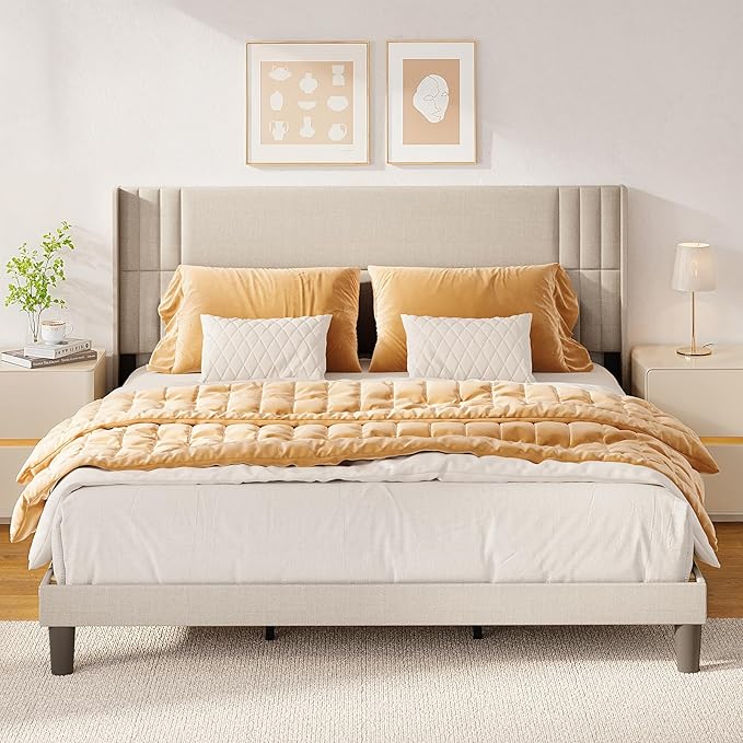 Gizoon King Bed Frame with Wingback Headboard, Upholstered Platform Bed with Modern Geometric Headboard, Wooden Slats, Noise-Free, No Box Spring Needed