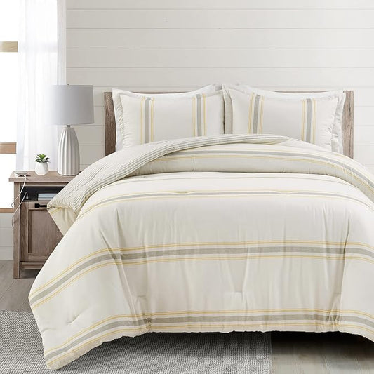 Lush Decor Farmhouse Stripe Reversible Cotton Comforter Set, 3 Piece Set, King, Yellow & Gray - Cozy Farmhouse Bedding Set - Rustic Decor - Striped Comforter - Modern Farmhouse Bedroom Decor