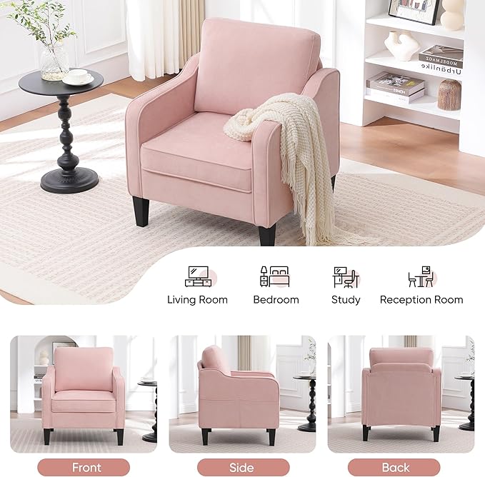 Accent Chairs Set of 2, Upholstered Living Room Chair with Side Pockets, Mid Century Modern Reading Chair for Bedroom, Comfy Armchair Single Sofa Side Chair for Office, Small Room, Pink