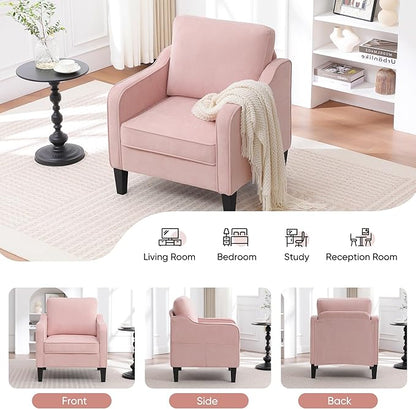 Accent Chairs Set of 2, Upholstered Living Room Chair with Side Pockets, Mid Century Modern Reading Chair for Bedroom, Comfy Armchair Single Sofa Side Chair for Office, Small Room, Pink