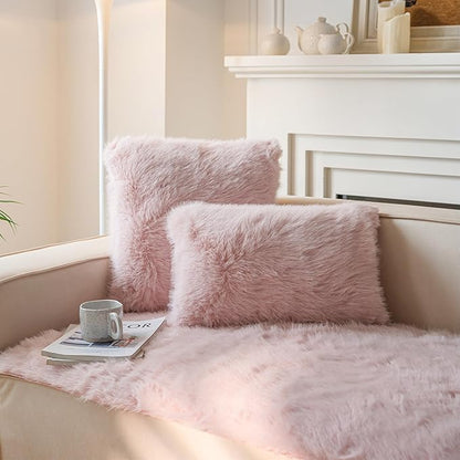 Neelvin Pink Faux Fur Cozy Fluffy Double-Sided Decorative Throw Pillow Covers 16x16 inch Set of 2,Velvet Pillowcase Cushion Case for Sofa Couch