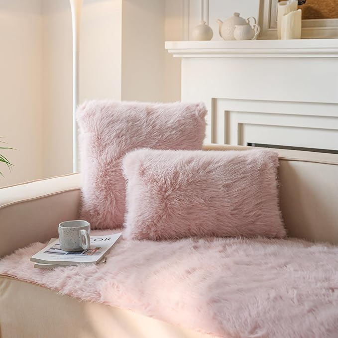 Neelvin Pink Faux Fur Cozy Fluffy Double-Sided Decorative Throw Pillow Covers 18x18 inch Set of 2,Velvet Pillowcase Cushion Case for Sofa Couch