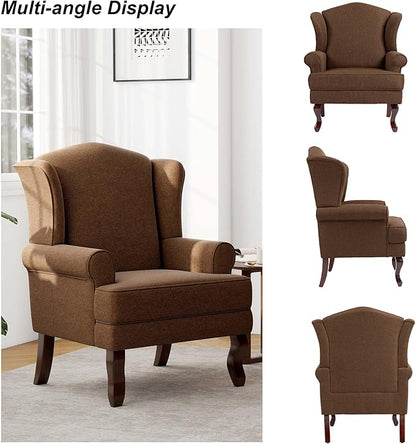 Accent Chair, High Back Upholstered Armchair with High Resilience Sponge & Wood Legs, Mid-Century Modern Comfy Single Sofa Reading Chairs for Living Room, Bedroom (Brown, Set of 2)