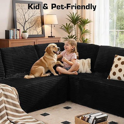 135'' Boneless Sectional Couch, Oversized U Shaped Modular Cloud Couches, Plush Corduroy Memory Foam Deep Seat Floor Sofa for Living Room, No Assembly Required, Black