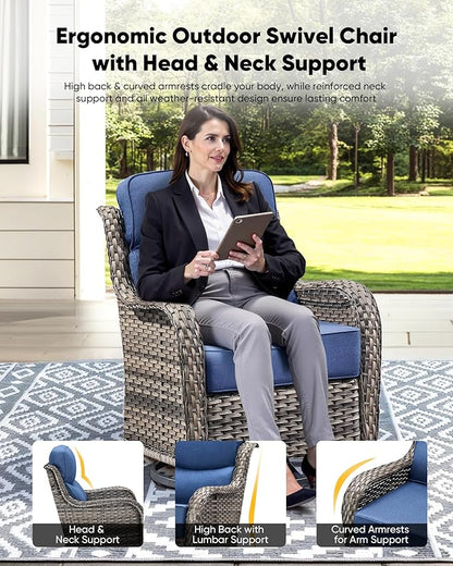 HUMMUH 8 Pieces Wicker Patio Furniture Set with Patio Swivel Chairs Set of 4,High Back Outdoor Sofa Coffee Table Ottomans,6 Inch Thick Cushions Outdoor Conversation Set for Porch, Balcony, Deck