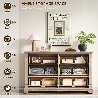 Farmhouse 6 Drawers Dresser for Bedroom, 54" Wide Large Dressers & Chests of Drawers w/Roman Column, Wooden Dresser TV Stand with Large Drawers for Nursery Bedroom Living Room Hallway,Light Rustic Oak