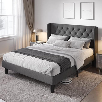 Allewie Full Size Bed Frame with Button Tufted Wingback Headboard, Modern Fabric Upholstered Platform Bed Frame with Strong Wood Slat Support, No Box Spring Needed, Easy Assembly, Dark Grey
