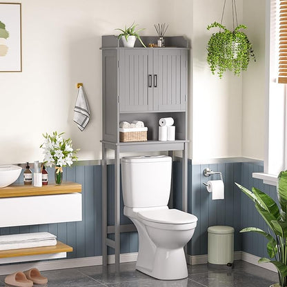 Over-The-Toilet Storage Shelf with Doors, Bathroom Freestanding Organizer Space Saver with Adjustable Shelf, Gray