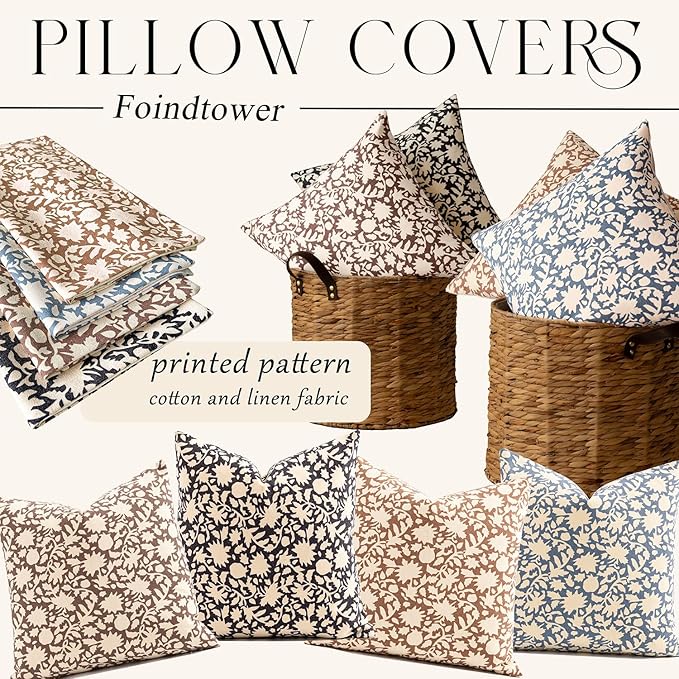 Foindtower Set of 2 Decorative Neutral Floral Throw Pillow Covers Accent Farmhouse Cushion Covers Boho Vintage Pillowcase for Couch Sofa Bedroom Living Room Home Decor20×20 Inch,Black