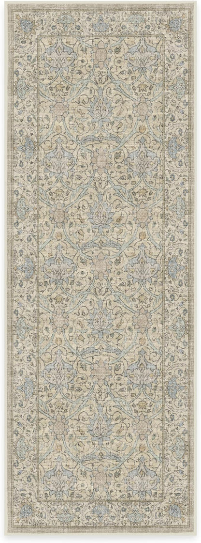 RUGGABLE x Morris & Co Machine Washable Runner Rug – Montreal Natural Blue 2.5x7, Stain-Resistant, Non-Slip – Washable Rug for Hallway, Entryway, Living Room & Kitchen–with Standard Pad