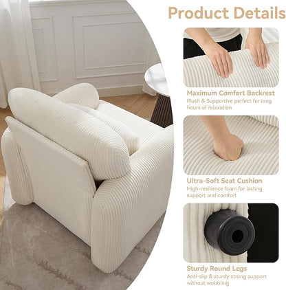 Corduroy Fabric Accent Chairs Set of 2, Modern Upholstered Living Room Chairs with Lumbar Pillow, Wide Comfy Leisure Armchair for Bedroom, Office, Reading, White