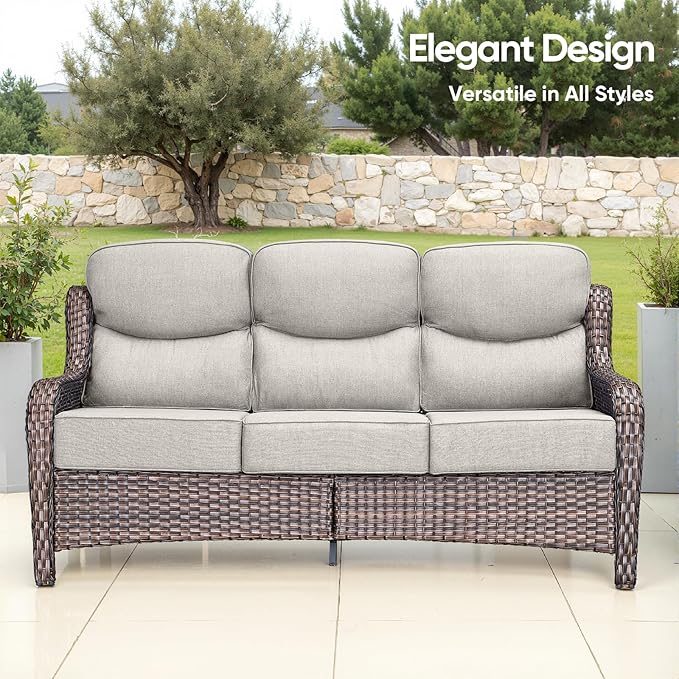Swivel Patio Chairs sofa Set of 9 with 6" Thick Cushion - Wicker Outdoor Swivel Rocker Patio Chair ,Sofa/Glass coffee table, High Back Comfortable Outdoor Glider Chairs -Brown Wicker | Beige Cushions