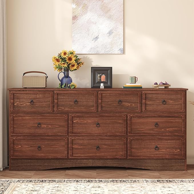 Farmhouse 10 Drawer Dresser for Bedroom – 63'' Long Dresser Wood Chest of Drawers,TV Stand for 75 inch TV, Storage Organizer Furniture, Hallway, Entryway, Closet, Cherry Wood