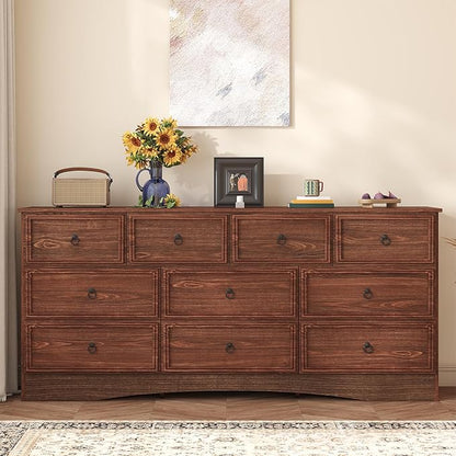 Farmhouse 10 Drawer Dresser for Bedroom – 63'' Long Dresser Wood Chest of Drawers,TV Stand for 75 inch TV, Storage Organizer Furniture, Hallway, Entryway, Closet, Cherry Wood