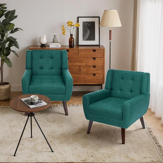 Accent Chairs Set of 2, Mid-Century Modern Upholstered Armchair, Comfy Fabric Living Room Chairs Reading Chairs with Button Tufted Back & Solid Wood Legs for Bedroom, Office, Light Blue