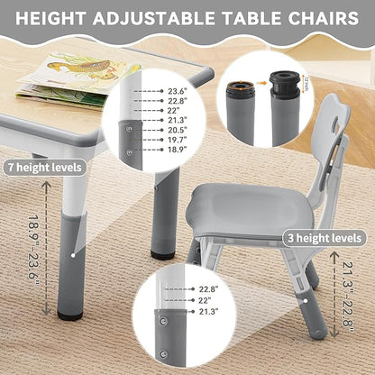 Kids Study Table and Chairs Set, Height Adjustable Toddler Table and Chair Set for Kids Ages 3-8, 23.6" L x 23.6" W Graffiti Desktop Plastic Children Art Table with 2 Seats, W-Grey