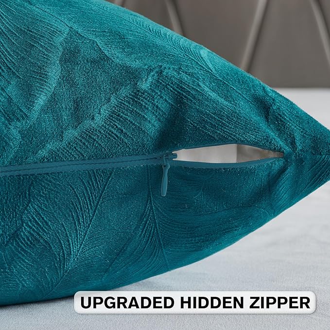 FUTEI Teal Velvet Throw Pillow Covers 22x22 Inch Set of 2,Soft Embossed Leaf-Relief Textured Cushion Cases,Natural Home Decor for Couch Living Room
