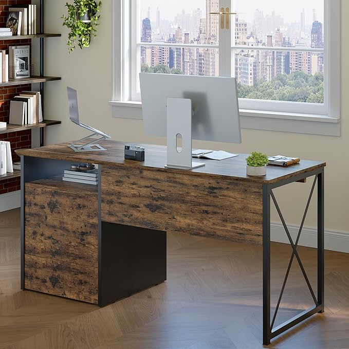 Bestier Office Desk with Drawers, 55 inch Industrial Computer Desk with Storage, Wood Teacher Desk with Keyboard Tray & File Drawer for Home Office, Rustic Brown