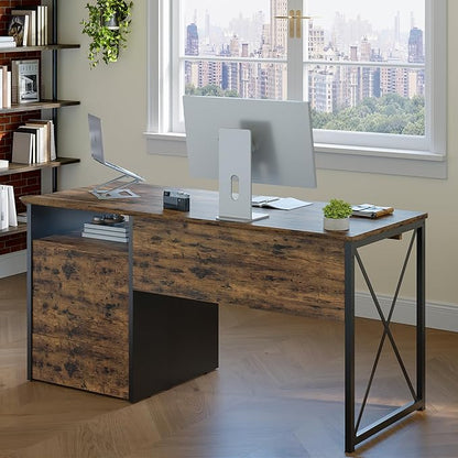Bestier Office Desk with Drawers, 55 inch Industrial Computer Desk with Storage, Wood Teacher Desk with Keyboard Tray & File Drawer for Home Office, Rustic Brown