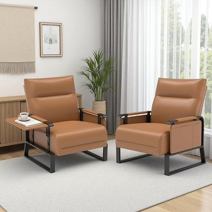 Upholstered Accent Chairs Set of 2, Modern Faux Leather Sofa Chairs with Foldable Side Tray Table & Storage Pocket, Small Accent Sofas for Living Room, Bedroom, Brown