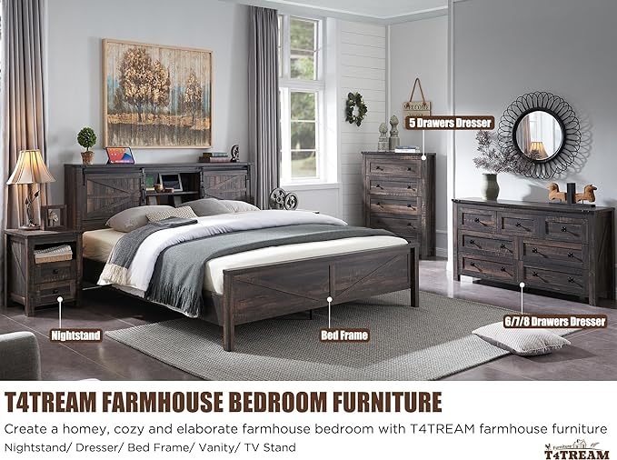T4TREAM Farmhouse 6 Drawers Dresser for Bedroom, Wood Rustic Wide Chest of Drawers, Storage Dressers Organizer for Bedroom, Living Room, Hallway, Dark Rustic Oak