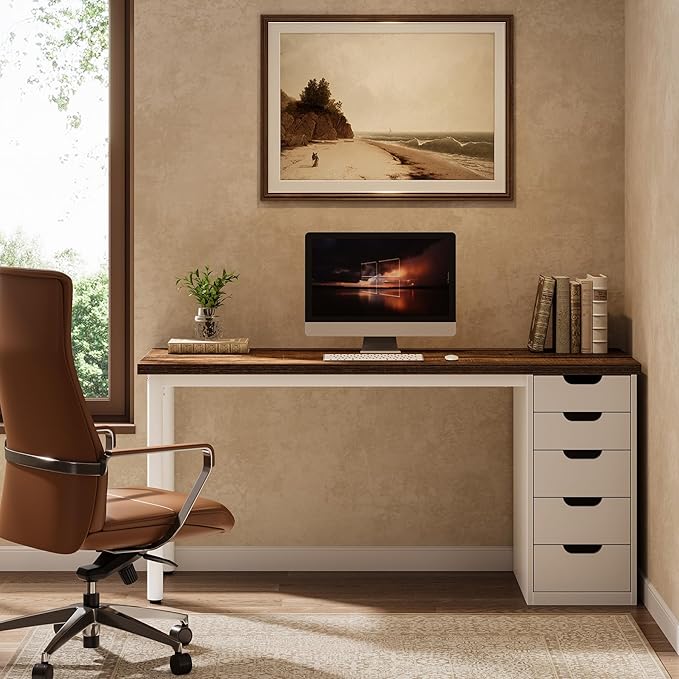 Tribesigns Modern Simple Computer Desk, 47 Inches PC Desk with 5 Reversible Drawers, Rustic Brown Study Writing Table Workstation for Home Office Small Spaces (Brown+White)