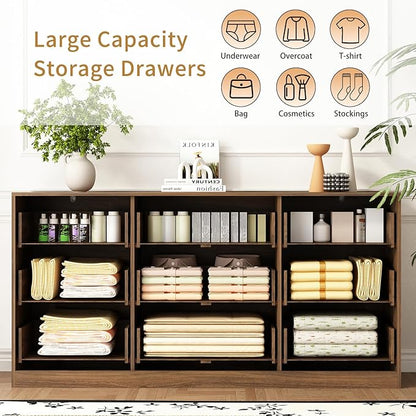 9 Drawer Dresser for Bedroom with Deep Drawers, 63" Wide Wood Dresser, Large Floor Chest of Drawers, Modern Long TV Stand, Mid Century Storage Cabinet Side Table, Natural
