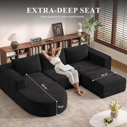 Boneless Couches for Living Room 104",Modular Sectional Sofa with Ottoman,Cloud Couch in a Box,Sponge Compression U Shaped Sofas with Chaise No Assembly Required(Black-Corduroy Fabric) 1pcs