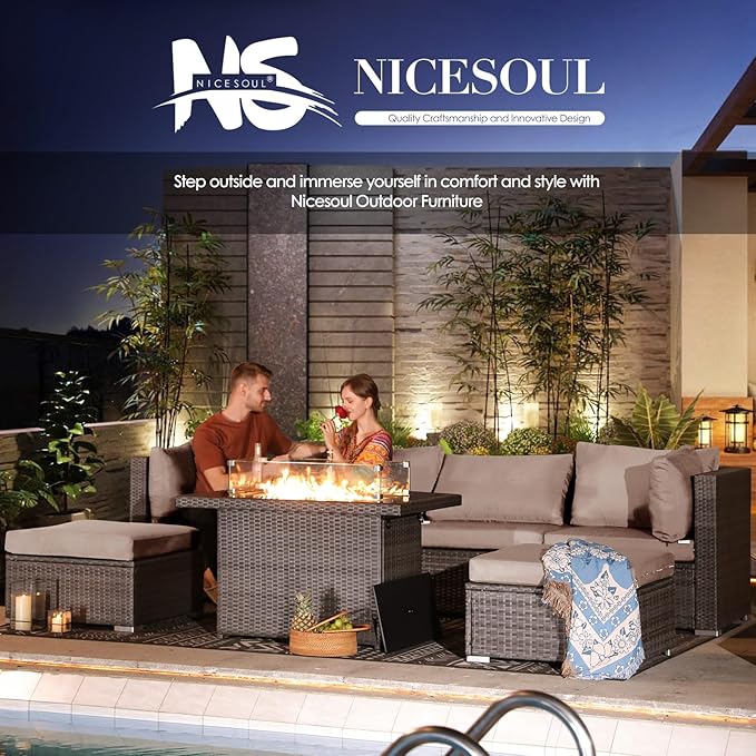 NICESOUL 7 Pieces Comfy 29.3'' High Back Outdoor Furniture Sofa Set, Extra Large Size Grey PE Wicker Patio Modular Sectional with Side Tables, All-Weather Rattan Conversations for Backyard Deck,Gray